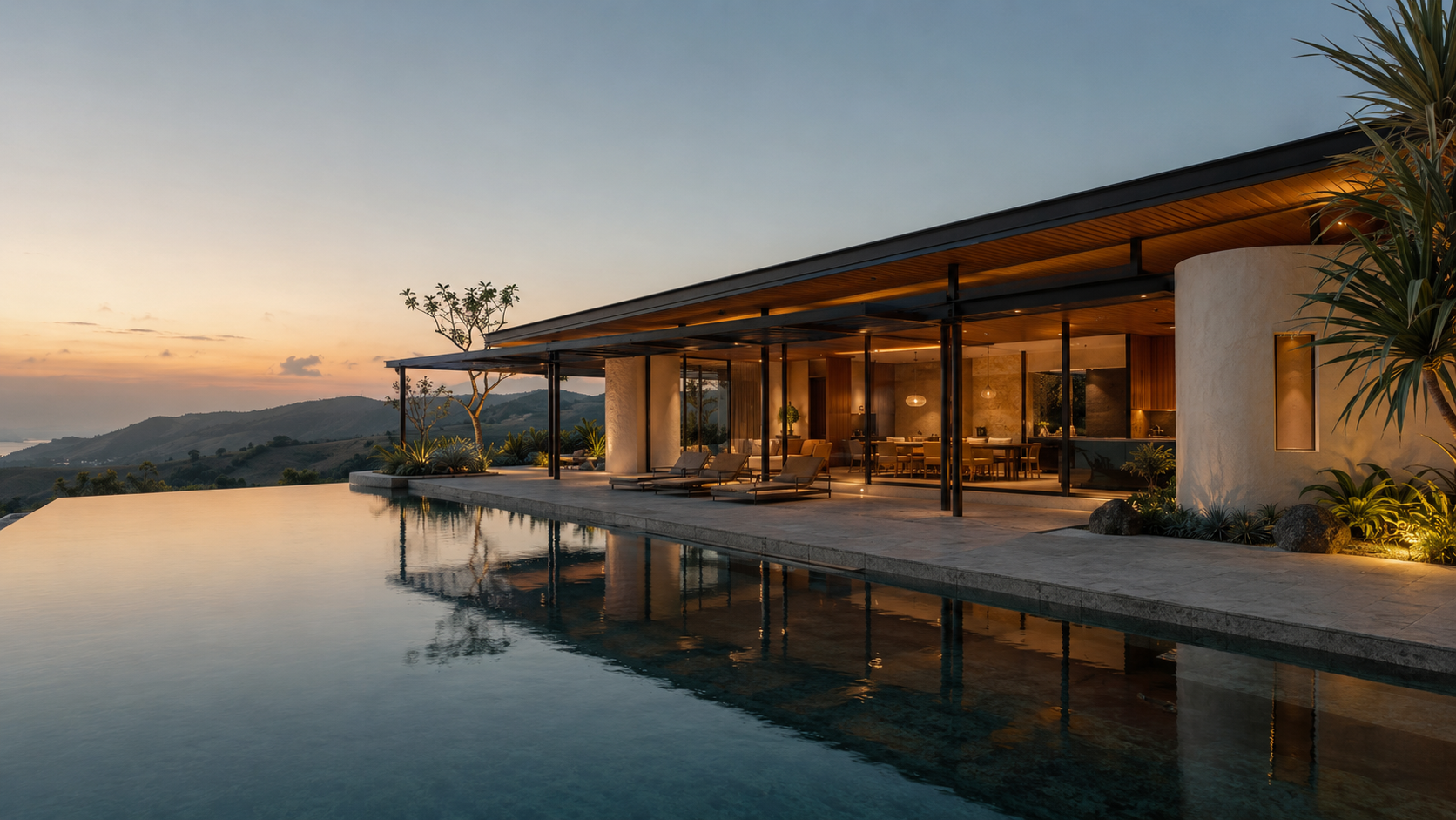 Architectural visualisation of Batu Kayu villa and infinity pool overlooking South Lombok at golden hour